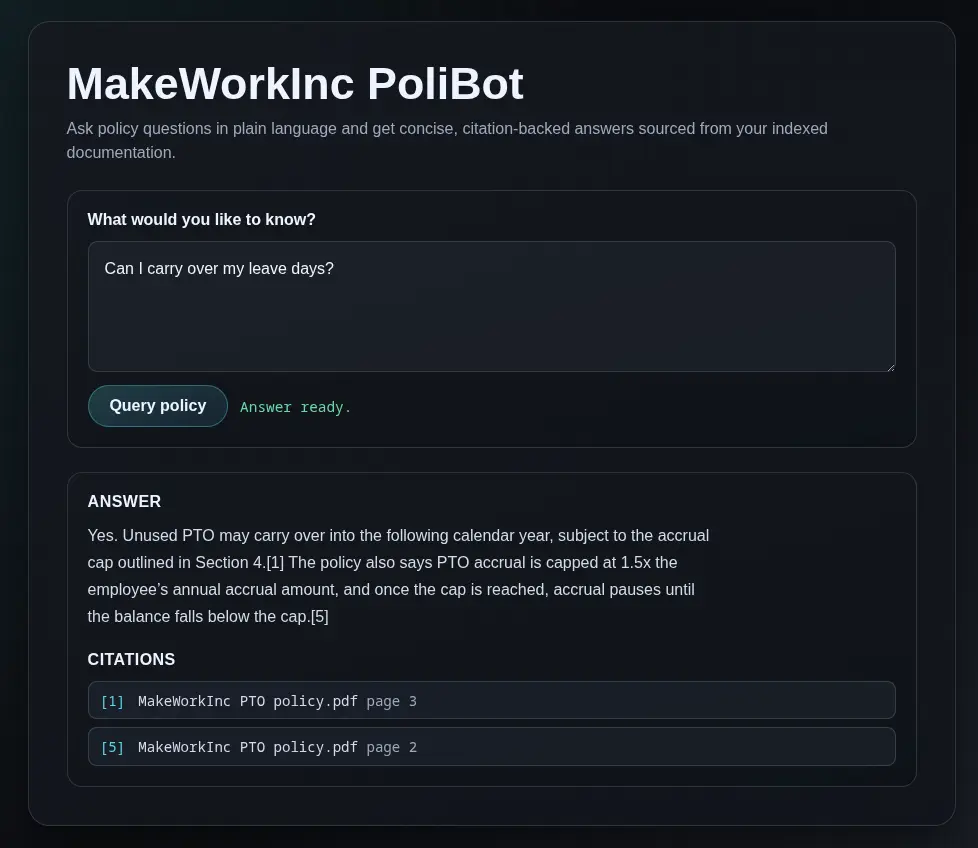 Screenshot demonstrating the frontend view of the rag chatbot in use